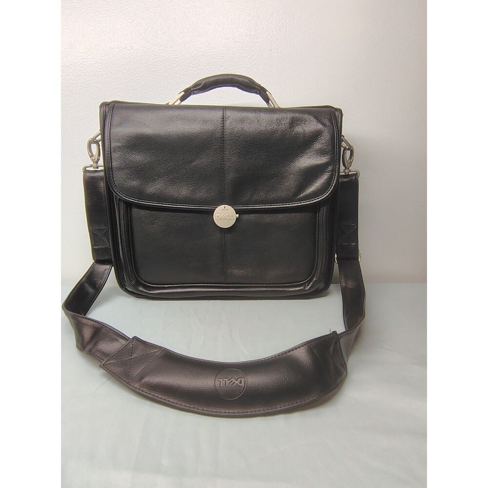 Dell Black Leather 15 in Laptop Shoulder Messenger Bag Padded w/ Strap